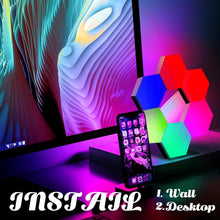 Load image into Gallery viewer, ODISTAR Hexagon Wall Light Panels (8 Pack)- Smart APP RGB Hexagonal LED Modular Lights with Remote Control,Music Sync Features for Gaming Rooms,Living Rooms, Bedrooms, DIY Enthusiasts and Gift Options