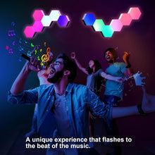 Load image into Gallery viewer, ODISTAR Hexagon Wall Light Panels (8 Pack)- Smart APP RGB Hexagonal LED Modular Lights with Remote Control,Music Sync Features for Gaming Rooms,Living Rooms, Bedrooms, DIY Enthusiasts and Gift Options