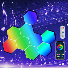 Load image into Gallery viewer, ODISTAR Hexagon Wall Light Panels (8 Pack)- Smart APP RGB Hexagonal LED Modular Lights with Remote Control,Music Sync Features for Gaming Rooms,Living Rooms, Bedrooms, DIY Enthusiasts and Gift Options
