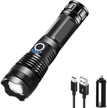 Load image into Gallery viewer, 10000 Lumen Rechargeable Tactical Flashlight, Bright Flashlight with 5 Modes, Waterproof, Zoomable, XHP50 LED for Hiking Hunting Camping Emergency Outdoor Sport
