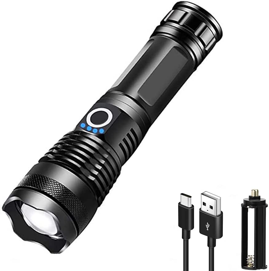 10000 Lumen Rechargeable Tactical Flashlight, Bright Flashlight with 5 Modes, Waterproof, Zoomable, XHP50 LED for Hiking Hunting Camping Emergency Outdoor Sport