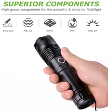 Load image into Gallery viewer, 10000 Lumen Rechargeable Tactical Flashlight, Bright Flashlight with 5 Modes, Waterproof, Zoomable, XHP50 LED for Hiking Hunting Camping Emergency Outdoor Sport
