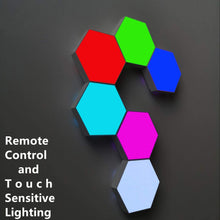 Load image into Gallery viewer, Hexagonal Wall Light Modular Touch Sensitive Lights Creative Geometry Assembly LED Hexagon Lights Suitable for Iving Room,Bedrooms ,DIY Lovers, Gifts (6 Pack)

