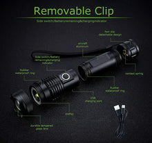 Load image into Gallery viewer, 10000 Lumen Rechargeable Tactical Flashlight, Bright Flashlight with 5 Modes, Waterproof, Zoomable, XHP50 LED for Hiking Hunting Camping Emergency Outdoor Sport
