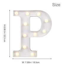 Load image into Gallery viewer, ODISTAR LED Light Up Marquee Letters, Battery Powered Sign Letter 26 Alphabet with Lights for Wedding Engagement Birthday Party Table Decoration bar Christmas Night Home,9’’, White (P)
