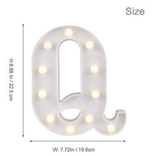 Load image into Gallery viewer, ODISTAR LED Light Up Marquee Letters, Battery Powered Sign Letter 26 Alphabet with Lights for Wedding Engagement Birthday Party Table Decoration bar Christmas Night Home,9’’, White (Q)
