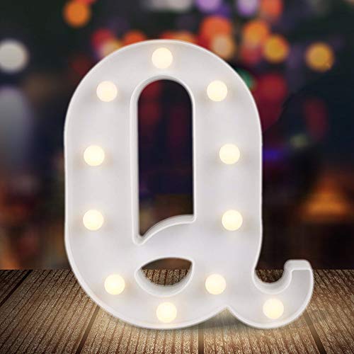 ODISTAR LED Light Up Marquee Letters, Battery Powered Sign Letter 26 Alphabet with Lights for Wedding Engagement Birthday Party Table Decoration bar Christmas Night Home,9’’, White (Q)