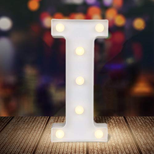 ODISTAR LED Light Up Marquee Letters, Battery Powered Sign Letter 26 Alphabet with Lights for Wedding Engagement Birthday Party Table Decoration bar Christmas Night Home,9’’, White (I)