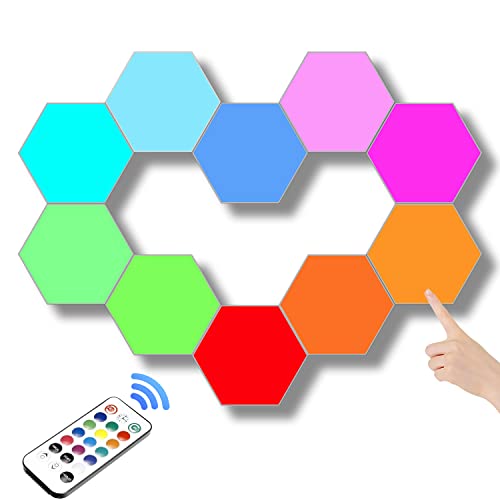 ODISTAR Remote Control Hexagon Wall Light,Smart Wall-Mounted Touch-Sensitive DIY Geometric Modular Assembled RGB led Colorful Light with USB-Power,Used in Bedroom (10-Pack)