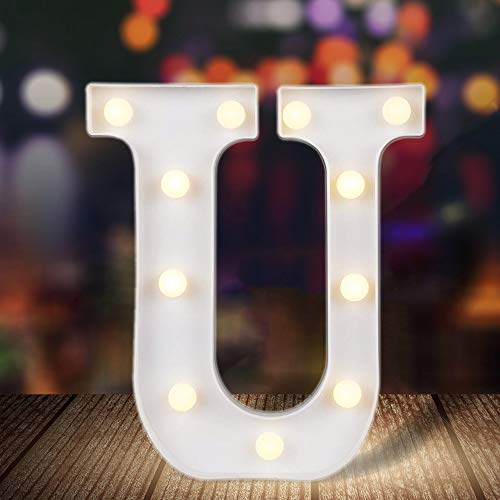 ODISTAR LED Light Up Marquee Letters, Battery Powered Sign Letter 26 Alphabet with Lights for Wedding Engagement Birthday Party Table Decoration bar Christmas Night Home,9’’, White (U)