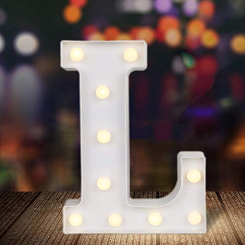 ODISTAR LED Light Up Marquee Letters, Battery Powered Sign Letter 26 Alphabet with Lights for Wedding Engagement Birthday Party Table Decoration bar Christmas Night Home,9’’, White (L)