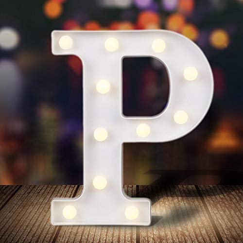 ODISTAR LED Light Up Marquee Letters, Battery Powered Sign Letter 26 Alphabet with Lights for Wedding Engagement Birthday Party Table Decoration bar Christmas Night Home,9’’, White (P)
