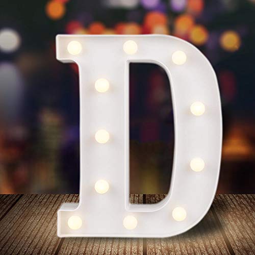 ODISTAR LED Light Up Marquee Letters, Battery Powered Sign Letter 26 Alphabet with Lights for Wedding Engagement Birthday Party Table Decoration bar Christmas Night Home,9’’, White (D)