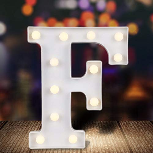ODISTAR LED Light Up Marquee Letters, Battery Powered Sign Letter 26 Alphabet with Lights for Wedding Engagement Birthday Party Table Decoration bar Christmas Night Home,9’’, White (F)