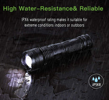 Load image into Gallery viewer, 10000 Lumen Rechargeable Tactical Flashlight, Bright Flashlight with 5 Modes, Waterproof, Zoomable, XHP50 LED for Hiking Hunting Camping Emergency Outdoor Sport
