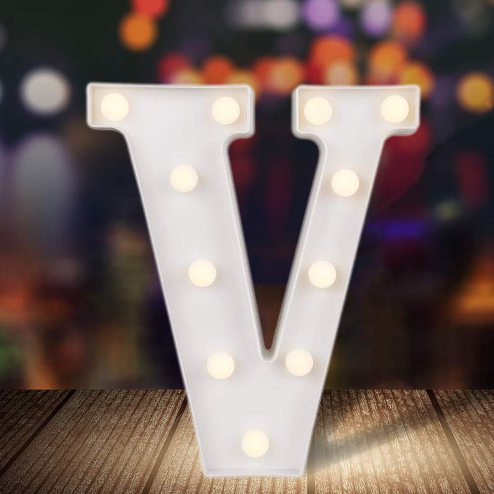 ODISTAR LED Light Up Marquee Letters, Battery Powered Sign Letter 26 Alphabet with Lights for Wedding Engagement Birthday Party Table Decoration bar Christmas Night Home,9’’, White (V)